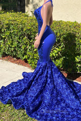 Mermaid Spaghetti strap Appliques Lace Sequined Open Back Floor-length Sleeveless Evening Prom Dresses