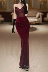 Mermaid Strapless Burgundy Long Lace Evening Prom Dresses