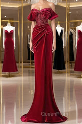 Mermaid Strapless Burgundy Velvet Evening Prom Dresses Evening Dresses