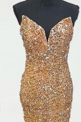 Mermaid Strapless Gold Sequin Evening Prom Dresses