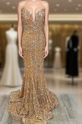 Mermaid Strapless Gold Sequin Evening Prom Dresses