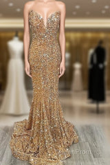 Mermaid Strapless Gold Sequin Evening Prom Dresses
