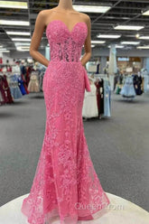 Mermaid Strapless Hot Pink Corset Appliques Long Formal Dresses