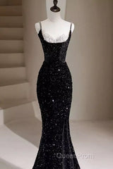 Mermaid Straps Long Black Sequin Evening Prom Dresses