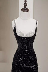 Mermaid Straps Long Black Sequin Evening Prom Dresses
