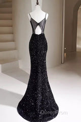 Mermaid Straps Long Black Sequin Evening Prom Dresses