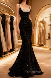 Mermaid Straps Long Black Sequin Evening Prom Dresses
