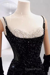 Mermaid Straps Sequin Black Backless Long Evening Prom Dresses