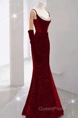 Mermaid Straps Sequin Red Backless Long Evening Prom Dresses