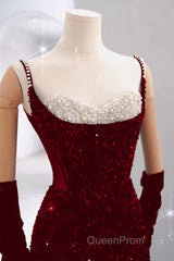 Mermaid Straps Sequin Red Backless Long Evening Prom Dresses