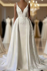 Mermaid Straps V Neck Appliques Satin Wedding Dresses