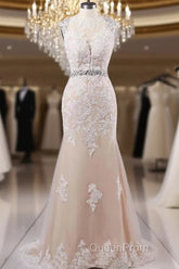 Mermaid Sweep Train Open Back Tulle Evening Prom Appliques Wedding Dresses