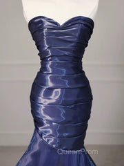 Mermaid Sweetheart Neck Water Satin Dark Blue Long Evening Prom Dresses, Dark Blue Evening Dresses