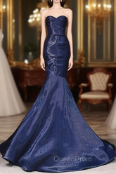 Mermaid Sweetheart Neck Water Satin Dark Blue Long Evening Prom Dresses, Dark Blue Evening Dresses
