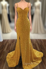 Mermaid / Trumpet Evening Prom Dresses Sexy Dresses Formal Sweep / Brush Train Sleeveless Sweetheart Sequined Backless With Sequin Slit