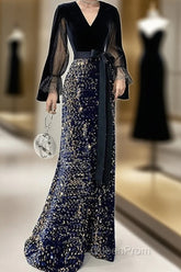 Mermaid / Trumpet Sparkle Gothic Evening Prom Formal Evening Dresses V Neck Long Sleeve Floor Length Sequined Velvet With Sash / Ribbon Sequin