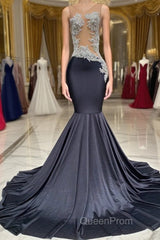 Mermaid V-neck Appliques Lace Sequined Open Back One Shoulder Floor-length Sleeveless Evening Prom Dresses