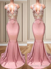 Mermaid V-neck Appliques Lace Sweep Train Charmeuse Dress