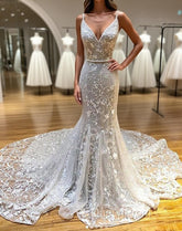 Mermaid V Neck Backless White Lace Long Evening Prom Dresses, Mermaid Ivory Lace Formal Dresses, Ivory Lace Evening Dresses