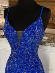 Mermaid V Neck Beaded Jersey Prom Dress with Slit