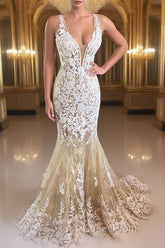Mermaid V Neck Champagne Lace Evening Prom Dresses, Mermaid Champagne Formal Dresses, Champagne Lace Evening Dresses