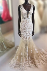 Mermaid V Neck Champagne Lace Evening Prom Dresses, Mermaid Champagne Formal Dresses