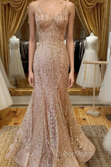 Mermaid V Neck Rose Gold Evening Prom Dresses Stunning Evening Dresses