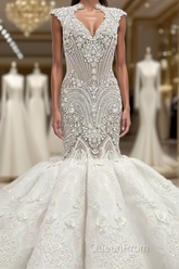 Mermaid V-neck Floor Length Backless Tulle Beading Applique Wedding Dresses