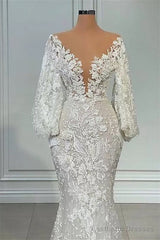 Mermaid V-neck Lace Floor-length Long Sleeve Applique Beaded Wedding Dress