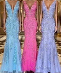 Mermaid V Neck Open Back Lace Long Evening Prom Dresses, Mermaid Formal Evening Dresses