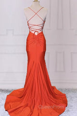 Mermaid V Neck Orange Evening Prom Dresses Spaghetti Straps