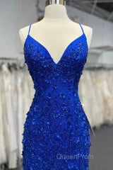 Mermaid V Neck Royal Blue Beade Applique Tulle Long Evening Prom Dresses, Evening Dresses
