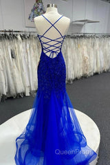 Mermaid V Neck Royal Blue Beade Applique Tulle Long Evening Prom Dresses, Evening Dresses