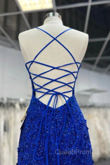 Mermaid V Neck Royal Blue Beade Applique Tulle Long Evening Prom Dresses, Evening Dresses