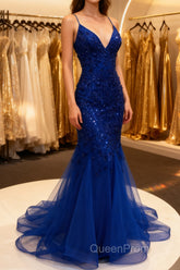 Mermaid V Neck Royal Blue Beade Applique Tulle Long Evening Prom Dresses, Evening Dresses