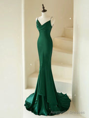 Mermaid V Neck Satin Green Long Prom Dress, Green Long Evening Dress