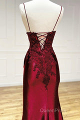 Mermaid V Neck Satin Lace Burgundy Long Evening Prom Dresses, Burgundy Long Formal Dresses