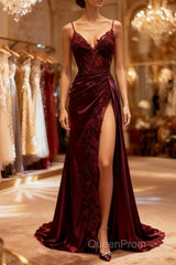 Mermaid V Neck Satin Lace Burgundy Long Evening Prom Dresses, Burgundy Long Formal Dresses