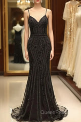 Mermaid V Neck Sequined Black Evening Prom Dresses Spaghetti Straps