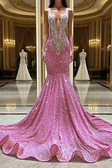 Mermaid V-neck Sequined Floor-length Sleeveless Evening Prom Dresses