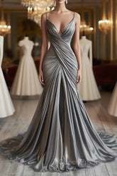 Mermaid V Neck Silver Spaghetti Straps Satin Long Evening Prom Dresses Sexy Evening Dresses