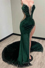 Mermaid V-neck Spaghetti strap Beaded High Split Floor-length Sleeveless Evening Prom Dresses