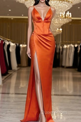 Mermaid V-Neck Spaghetti Straps Satin Dresses With Slit