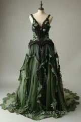 Mermaid V-Neck Tulle Applique Long Evening Prom Dresses Vintage Lace Formal Evening Dresses