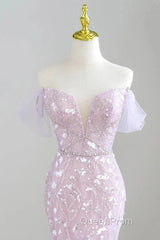 Mermaid V Neck Tulle Sequin Purple Long Evening Prom Dresses Formal Dresses