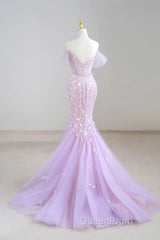 Mermaid V Neck Tulle Sequin Purple Long Evening Prom Dresses, Purple Long Formal Dresses