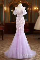 Mermaid V Neck Tulle Sequin Purple Long Evening Prom Dresses, Purple Long Formal Dresses