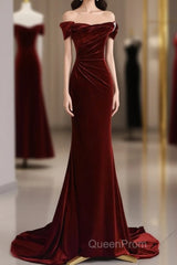 Mermaid Velvet Burgundy Long Evening Prom Dresses, Burgundy Long Evening Dresses