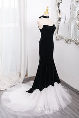 Mermaid Velvet Tulle Black Long Evening Prom Dresses, Black Long Formal Dresses