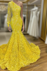 Mermaid Yellow One Shoulder Long Sleeve Evening Prom Dresses